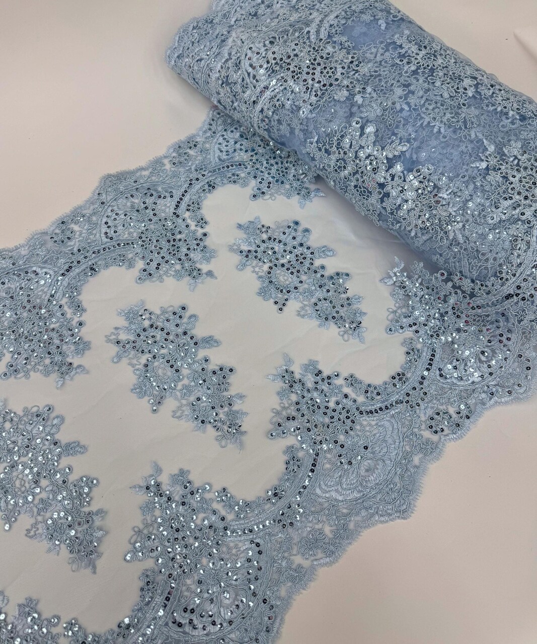 Baby Blue Embroidered Lace Table Runner by the Yard, 20" Wide Sequin Mesh Lace Trim with Scalloped Edges